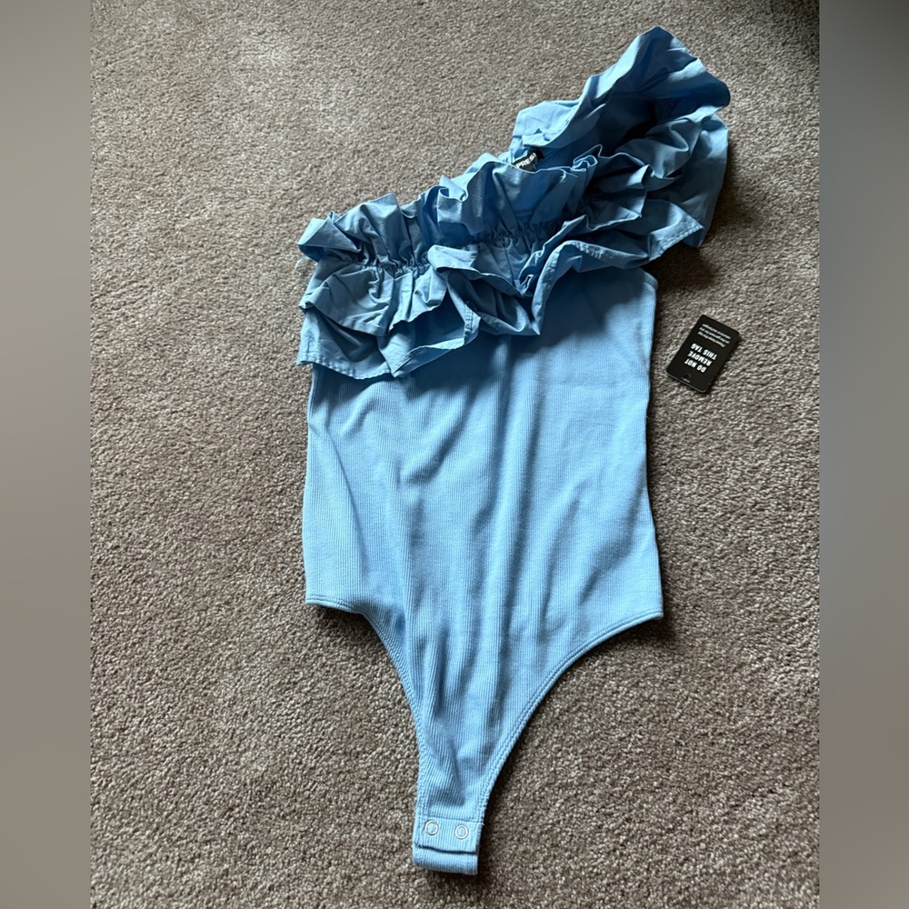 Express Light Blue One-Shoulder Ruffle Bodysuit